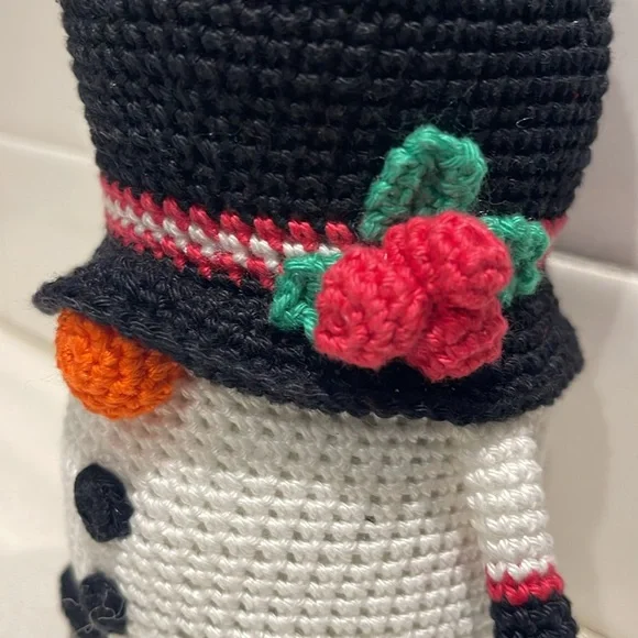 Handcrafted Snowman Gnome with Holly Winter Holiday Seasonal Christmas Crochet - Picture 5 of 10